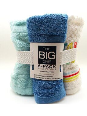 The Big One Washcloths 6 Pack Set Sidney Collection Blue Green White Embroidered